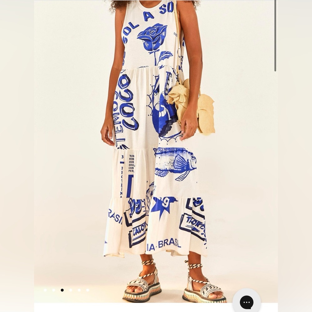 NWT Farm Rio Blue Maxi Dress - White Rainha Das Aguas T Shirt Maxi Dress - Picture 1 of 16